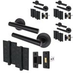 EAI Black Door Handle Latch Set - Pack of 4 | Round T-Bar Internal Door Handles, Latch (64mm), Hinges (76mm)| Matt Black Lever on Rose | Oliena Range