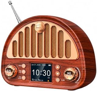 Vintage Bluetooth Clock Radio with NOAA Weather Alert & Digital Dual Alarms, 40 FM Presets | Sleep Timer | rechargeable battery, Wood-grain Design with Soft Color Display, TF Card, AUX for Bedroom Use
