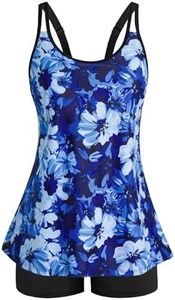 Plus Size Swimsuit for Women Over 50 Scoop Neck Two Piece Bathing Suits for Summer Beach Side Classic Floral Blue 20W