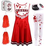 Kavoc 5 PCS Zombie Cheerleader Costume Set Include Dress Pantyhose Poms Stickers Fake Blood Gel for Girls Halloween Dress Up (7-9Years, Red)