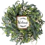 CIR OASES Green Eucalyptus Wreath for Front Door, 20 inch Eucalyptus Leaves and White Berries Wreath with Welcome Sign, Spring/Summer Wreaths for Indoor/Outdoor Farmhouse Home Wall Window Decor