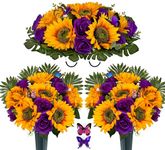 SUHOOKOO Cemetery Flowers Saddle and 2 Bouquets for Grave Decor, Silk Sunflower Rose Headstone Flower Saddle, Bright and Colorfast,Purple/Yellow