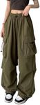 Women Cargo Pants Baggy Y2K Clothing Multi Pockets High Waist Loose Straight Leg Pants Vintage Grunge Aesthetic Clothes, B Army Green, Medium