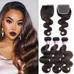 Lovenea Human Hair Bundles with Closure Ombre Body Wave Highlight Bundles with Closure 10 12 14+8 inch 3 Bundles with 4x4 Lace Closure Free Part 100% Virgin Brazilian Human Hair Weave FB30 Color(10 12 14+8)