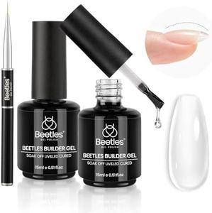 Beetles Builder Gel Kit-Dew Glow 2Pcs 0.51oz 8 in 1 Nail Extension Building Nail Apex Strengthener for Thin Nails with Liner Brush DIY Salon at Home for Beginners,UV & LED Lamp Needed