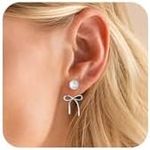 Pearl 14K Sliver Bow Earrings for Women Trendy,Dainty 925 Sliver Plated Pearl Bow Huggie Earring Hoops Stud Earrings Jewelry Gifts for Women