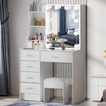 Udekoo Vanity Desk with Mirror and Lights, White Vanity Table Dressing Stool Set with Power Station, 3 Colors Modes Sliding LED Dimmable Mirror, Bedroom Makeup Vanity with 6 Storage Drawers & Shelves