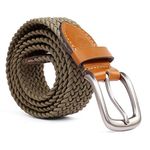 Bacca Bucci® Elastic Braided Belt Golf Fabric Canvas Woven Stretch Belt with Leather Loop and Metal Buckle for Men-Beige