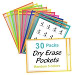 iMyself 30 Pack Dry Erase Pocket Sleeves, Rewritable Transparent and Durable Pocket Protector for Classroom Decor, Classroom Organization, School Supplies, Random 5 Color