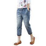 Womens Ripped Denim Pants Vintage Floral Embroidered Cropped Jeans Stretch Cotton Straight Leg Distressed Boyfriends Jeans Drawstring High Elasticated Waist Pull On Comfy Cropped Jeans with Pockets