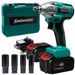 KINSWOOD 20V Cordless Impact Wrench 1/2 inch, Powerful Brushless Motor, Max 320 Torque ft-lbs, 3.0A Li-ion Battery, 4Pcs Driver Impact Sockets, Fast Charger (2 Battery)
