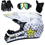 UIGJIOG Kids Motocross Helmet Rockstar/Adult MX Off-Road Motorcycle/AM mountain bike full face helmet With Goggles Gloves Mask,White,L(56~57cm)