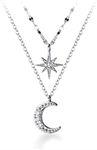 SLUYNZ 925 Sterling Silver Layered Necklace Chain Star Moon Choker Necklace for Women Layering Chain Choker, Sterling Silver Rhodium Plating, Cubic Zirconia