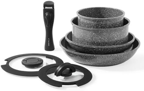 ESEVOLO Batterie de cuisine 7 pièces induction, Lot de Casseroles et Poêles avec poignées amovibles, Empilable, Revêtement Antiadhésif en Céramique sans PFAS, avec couvercle en verre, Gris