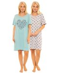 Womens Pack of 2 Short Sleeved 100% Cotton Jersey Nightshirts. Butterfly, Heart, Feather and Leopard Print Designs (DUCK EGG 20-22)