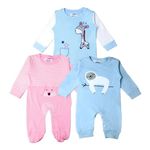 Kidbea 100% Organic Cotton Bodysuit | Romper | Sleepsuit | Jumpsuit for New-Born Baby Girls & Boys infants & Toddler, Color Pink Fox & Sky Blue Sloth, Giraffe Printed Combo Of 3 Size 3-6M