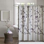 Madison Park Holly Modern Cotton Fabric Long Shower Curtain, Floral Shower Curtains for Bathroom, 72 X 72, Grey/Purple Taupe