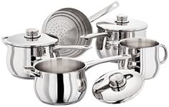 Stellar 1000 S1F5B Set of 5 Stainless Steel Pans 20cm, 18cm, 16cm Deep Saucepans, Lids, 14cm Milk Pot, Steamer, Induction Ready - Fully Guaranteed