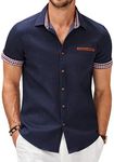 COOFANDY Short Sleeve Button Up Shirts for Men Slim Fit Denim Shirt Wrinkle Free Lightweight Casual Shirt, Navy Blue, Large