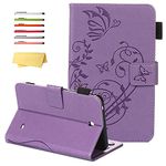 UUcovers Case for Samsung Galaxy Tab 4 7.0 (SM-T230/ T231/T235) & Tab 4 7.0" Nook 2014 Cover SM-T230NU with Pencil Holder Pockets Embossed Flower PU Leather Folio Stand Cover, Purple Butterfly Leaves