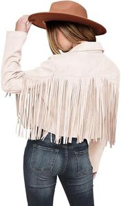 PRETTYGARDEN Faux Suede Leather Jackets For Women 2024 Fall Long Sleeve Tassel Cropped Coats (Beige White,Small)