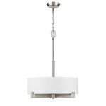 Linea di Liara Allegro Drum Pendant Ceiling Lamp - 3 Light Fixture Brushed Nickel White Fabric Shade Frosted Glass - 84 Inch Max Height LL-C134-BN