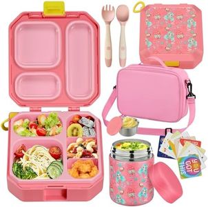 wiwens Bento Lunch Box for Kids with 12oz Soup Thermo Leak-Proof Lunch Food Container with 5 Compartment Thermo Hot Food Jar and Insulated Lunch Bag for Kid Toddler Girls Boys to School