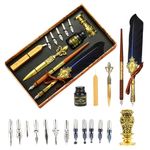 Joyeee Feather Calligraphy Pen and Ink Set, with Wax Seal Stamp Kit, Sealing Wax Spoon, Writing Paper, Dip Pen Wood, Craft Decoration Pen, Feather Pen Holder Stand, Gift Box for Writing, Royal Blue