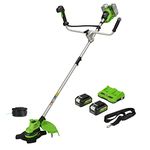 Greenworks 48V (2x24V) Cordless Brushcutter with Brushless Motor, Harness, Bike Handle, 38cm Cutting Width, Bump Feed 2mm Nylon Line, 25cm Blade, Two of 24V 4Ah Batteries & Charger GD24X2BCBK4x