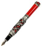 Gullor JinHao Antique Silver Dragon Style 3D Carved Fountain Pen With Red Pearl, Medium Nib, Red