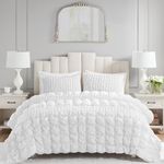 Madison Park Queen Comforter Set Ruched Queen Bedding Set, Elastic Embroidery Comforters Queen Size, All Season, Microfiber Queen Size Comforters, Matching Shams, Evelyn, Full/Queen, White 3 Piece