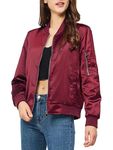 Rasujie Satin Bomber Jacket Women Zip Up Varsity Jacket Fall Windbreaker Outerwear with Pockets, Wine Red, Medium