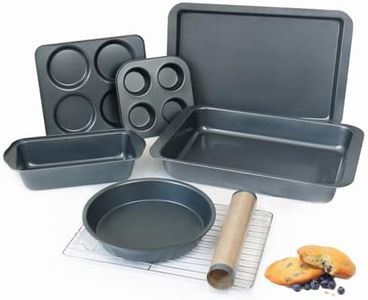 8-Piece Baking Pans Set with Rack, Nonstick Bakeware Include Muffins & Muffin Tops Pan, Baking Tray, Cookie Sheet with Mat, Loaf Pan, Round Cake Pan, Carbon Steel Baking Set