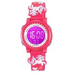 Venhoo Kids Watches 3D Cartoon Waterproof 7 Color Lights Toddler Wrist Digital Watch with Alarm Stopwatch Birthday Unicorn Gift for 3-10 Year Boys Girls Little Child-Rose Red