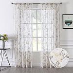 Tollpiz Floral White Sheer Curtain Flower Print Vine Embroidery Bedroom Curtains Rod Pocket Voile Window Curtain for Living Room, 54 x 84 inches Long, Set of 2 Panels