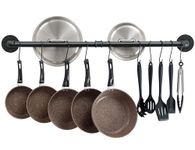 OROPY Wall Mount Pot Pan Bar Rack, 97cm Metal Industrial Style Hanging Rail Kitchen Utensils Hanger Organiser with 14 Hooks, Black