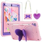 Vofolen for iPad 6th 5th Generation Case with Screen Protector/Butterfly Kickstand/Strap/Keychain/Pencil Holder for Kids Girls, Hard Back Shell Shockproof Protective Cover for iPad Air 2, 9.7'' Pink