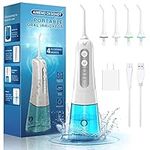 Water Flosser White with Charger, Cordless Dental Oral Irrigator, 300ML Portable Water Tank and Rechargeable, Waterproof, 4 Modes and 4 Jet Tips, Electric Teeth Cleaner for Home Travel Braces Care