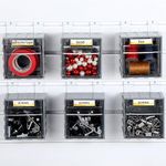 Huwena 6 Pack Slat Wall Bins and Metal Slatwall Utility Hooks Set Slat Wall Baskets with Labels Wall Mount Slatwall Containers with Hooks Hanging Storage Organizer for Garage Craft Room Panel