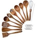 Wooden Spoons for Cooking,10pcs Teak Wood Kitchen Utensils Set with Hooks,Premium Wooden Utensils for Cooking Comfort Grip Ideal for Home Cooking