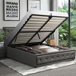 Oikiture Double Bed Frame with Storage Space Gas Lift Bed Mattress Base Grey