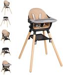 Komcot Baby High Chair, 6 in 1 Wooden Convertible High Chairs for Babies and Toddlers, Booster Seat with Double Tray & Reversible Footrest, 5-Point Harness Infants Feeding Seat, Black