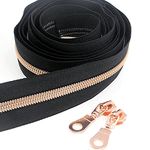 #5 Nylon Coil Zippers by The Yard 10 Yards Black Tape with 25pcs Rose Gold Sliders for DIY Sewing Tailor Handmade Dress Luggage Pillow Cusion Bed Sheet Craft Bag Leekayer(Black)