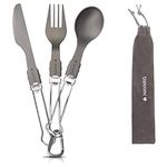 Navaris Titanium Folding Utensil Set - Fork Knife Spoon Foldable Metal Silverware Utensils for Camping, Backpacking, Hiking - with Carabiner and Bag