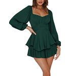 Women 's Loose Shorts Jumpsuit Solid Color Lantern Long Sleeve Square Neck Ruched Ruffled Playsuit (Dark Green, M)