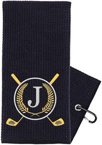 CGFN Golf Towel Gift, Golf Gifts for Men, Women Microfiber Waffle Golf Towels with Embroidered Monogrammed |16”x 24”Golf Towels for Golf Bags with Clip for Men (Black, Initial-J)