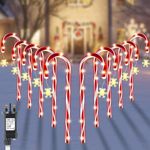 HELESIN Candy Cane Light Charging Snow Decorations（10 PCS）, 80 LEDs Christmas Lights Outdoor Garden，IP65 Waterproof Christmas Stake Lights for Yard Pathway Decorations