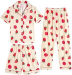 Vopmocld Girls Pajama Sets - 3pcs Button Down Short Sleeve Long Pants With Shorts Sleepwear Cute Patterns Nighty For Teens, Strawberry-Raspberry, 16