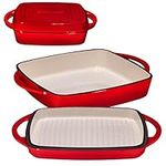 Bruntmor 2-in-1 Square Enameled Cast Iron Dutch Oven Baking Pan and Gridle Lid with Dual Handles, Cast Iron Skillet lid, Coating Gridle for baking, bacon,Steaks - Red