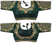 Indian Hawker Phantom Silk Embroided Handwork Designer Saree Sari Blouse Half Sleeves Readymade for Women Dark Green-42